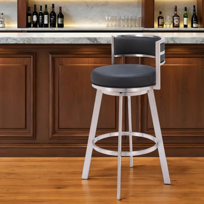 31" Black And Silver Faux Leather And Stainless Steel Low Back Bar Height Swivel Bar Chair