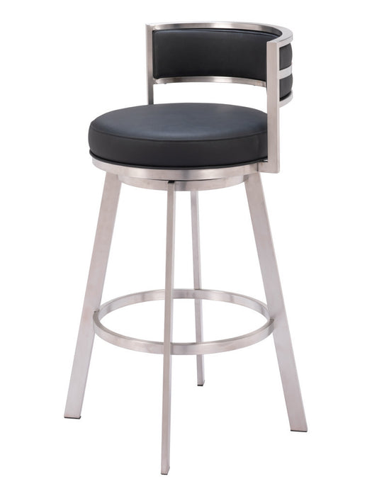 31" Black And Silver Faux Leather And Stainless Steel Low Back Bar Height Swivel Bar Chair