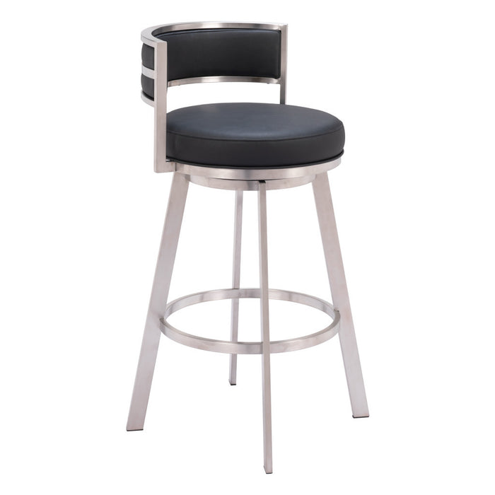 31" Black And Silver Faux Leather And Stainless Steel Low Back Bar Height Swivel Bar Chair