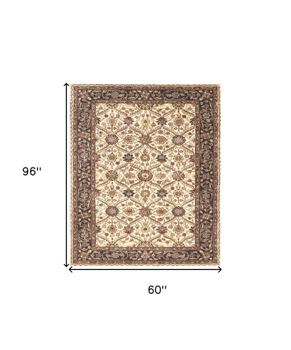 5' X 8' Ivory and Black Oriental Hand Tufted Non Skid Area Rug