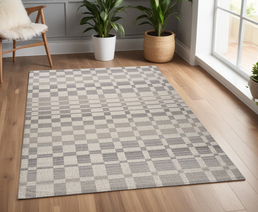 4' X 6' Gray and Beige Checkered Distressed Area Rug