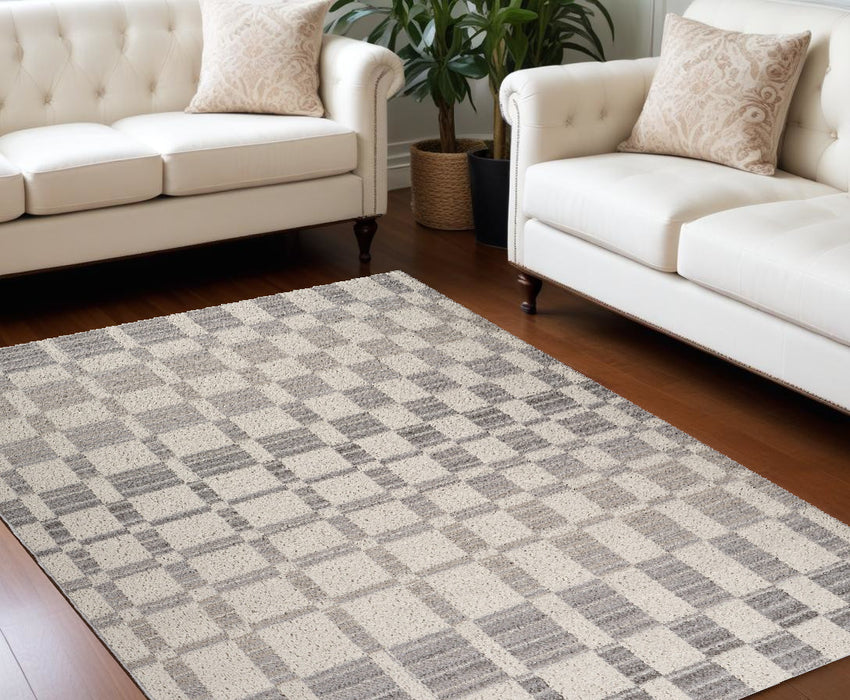 7' X 10' Gray and Beige Checkered Distressed Area Rug