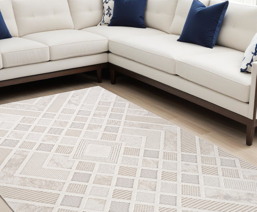 7' X 10' Cream and Beige Abstract Distressed Area Rug