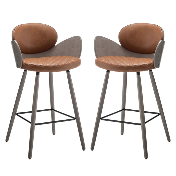 Set of Two 28" Brown And Gray Faux Leather And Wood Counter Height Bar Chairs