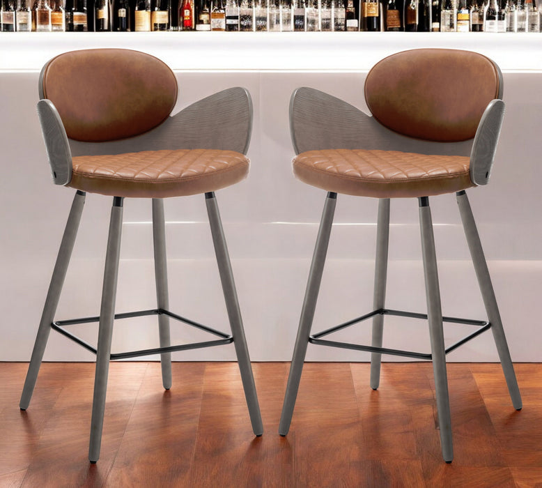 Set of Two 28" Brown And Gray Faux Leather And Wood Counter Height Bar Chairs