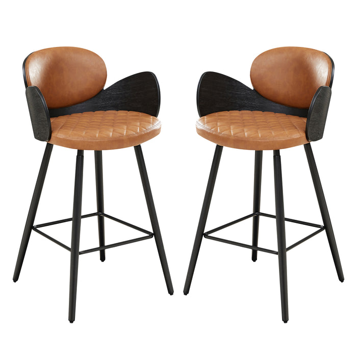 Set of Two 28" Brown And Black Faux Leather And Wood Counter Height Bar Chairs