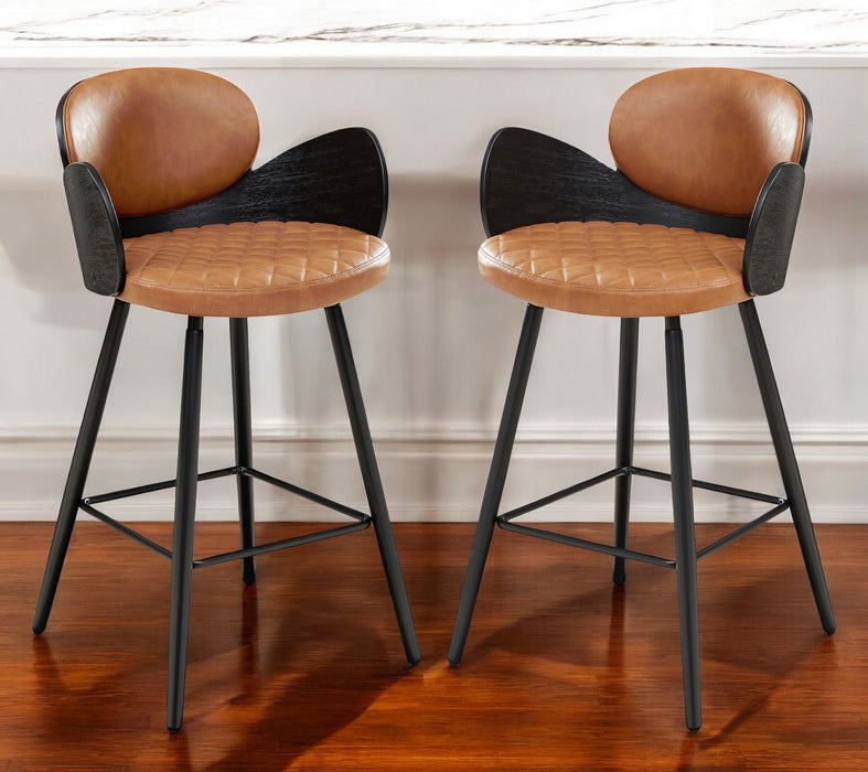 Set of Two 28" Brown And Black Faux Leather And Wood Counter Height Bar Chairs