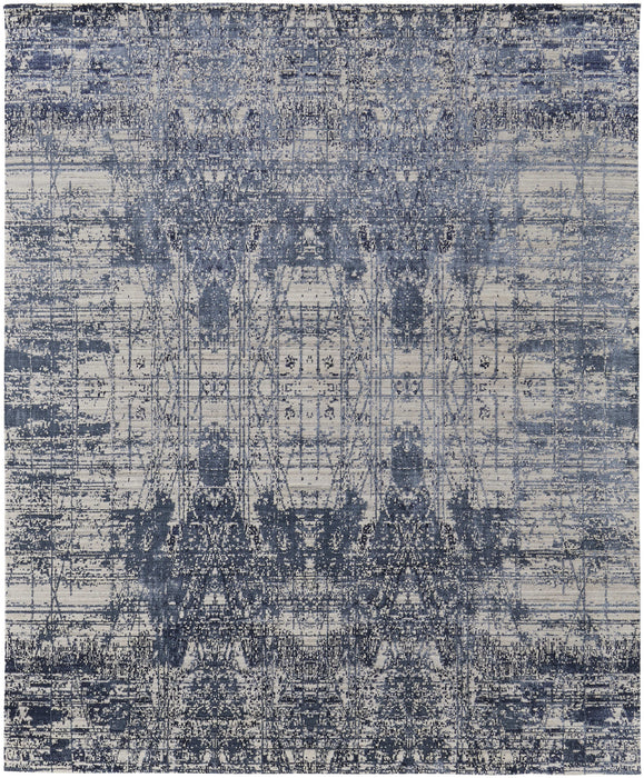 5' X 8' Blue and Ivory Abstract Hand Woven Worn Faded Area Rug