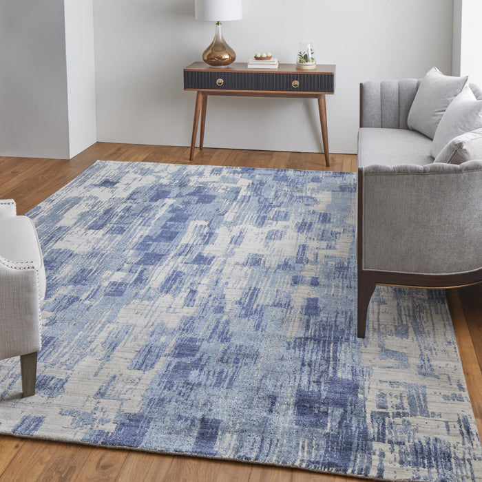 5' X 8' Blue and Ivory Abstract Hand Woven Worn Faded Area Rug