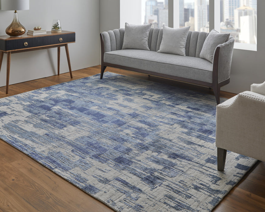 5' X 8' Blue and Ivory Abstract Hand Woven Worn Faded Area Rug