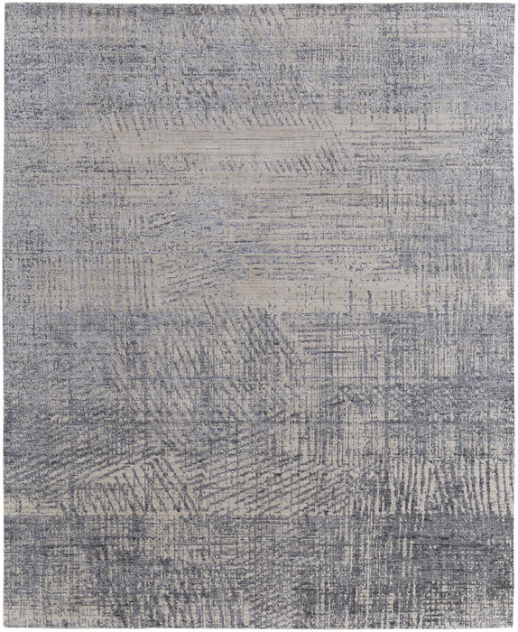 4' X 6' Gray Ivory and Blue Abstract Hand Woven Worn Faded Area Rug