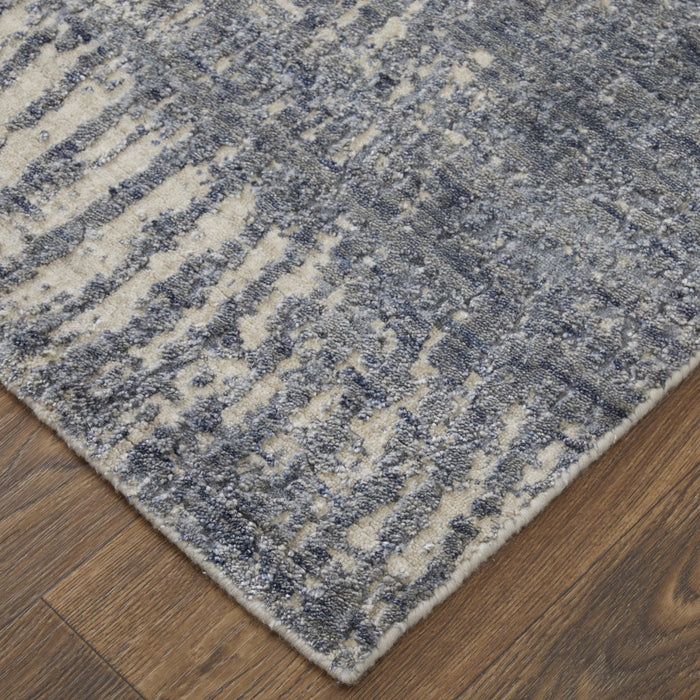 4' X 6' Gray Ivory and Blue Abstract Hand Woven Worn Faded Area Rug