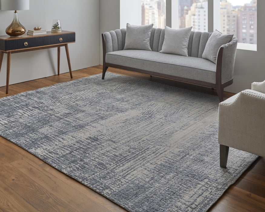 4' X 6' Gray Ivory and Blue Abstract Hand Woven Worn Faded Area Rug