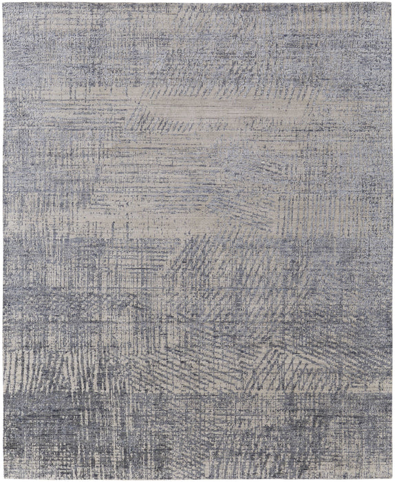 4' X 6' Gray Ivory and Blue Abstract Hand Woven Worn Faded Area Rug