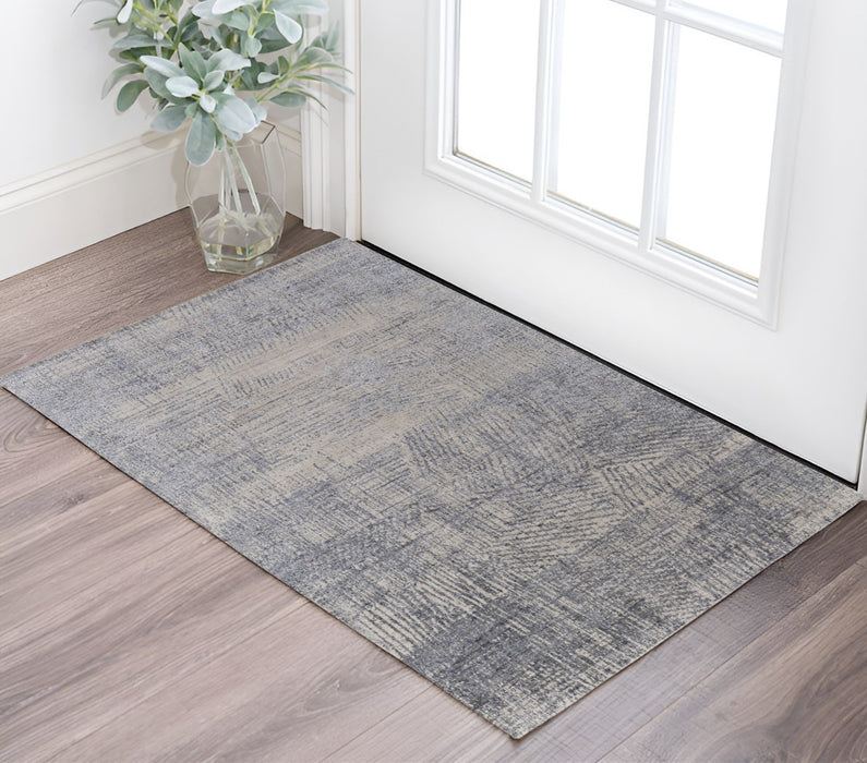 4' X 6' Gray Ivory and Blue Abstract Hand Woven Worn Faded Area Rug