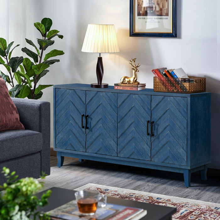 60" Blue Textural Chevron Distressed Wood Sideboard with Four Doors