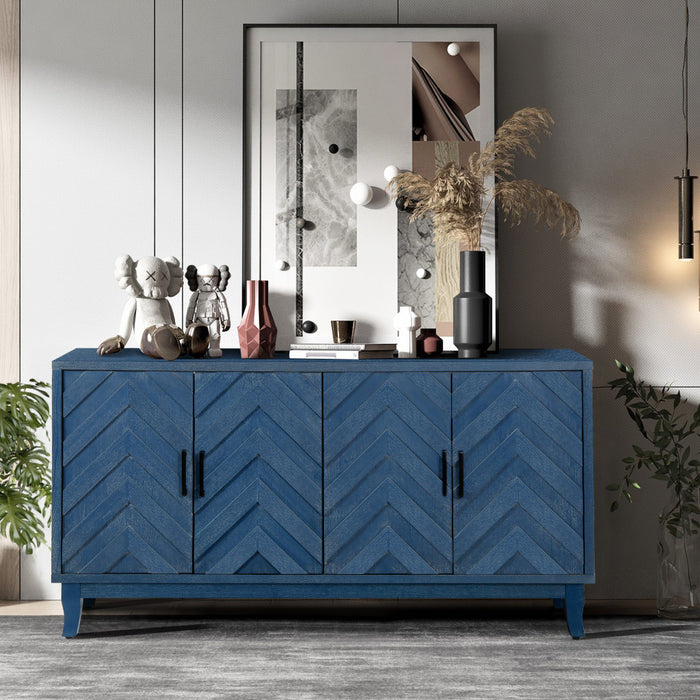 60" Blue Textural Chevron Distressed Wood Sideboard with Four Doors