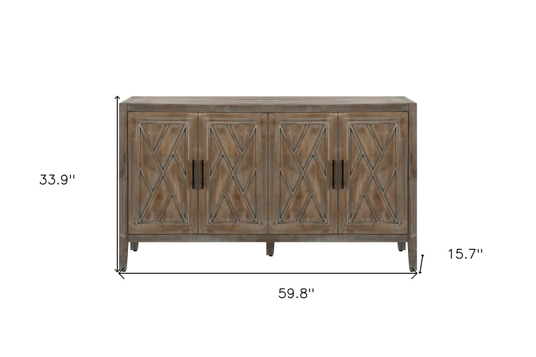 60" Natural and Brown Distressed Carved Geometric Sideboard with Four Doors