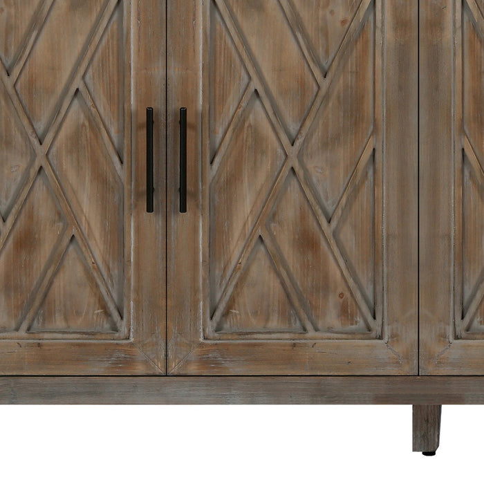 60" Natural and Brown Distressed Carved Geometric Sideboard with Four Doors