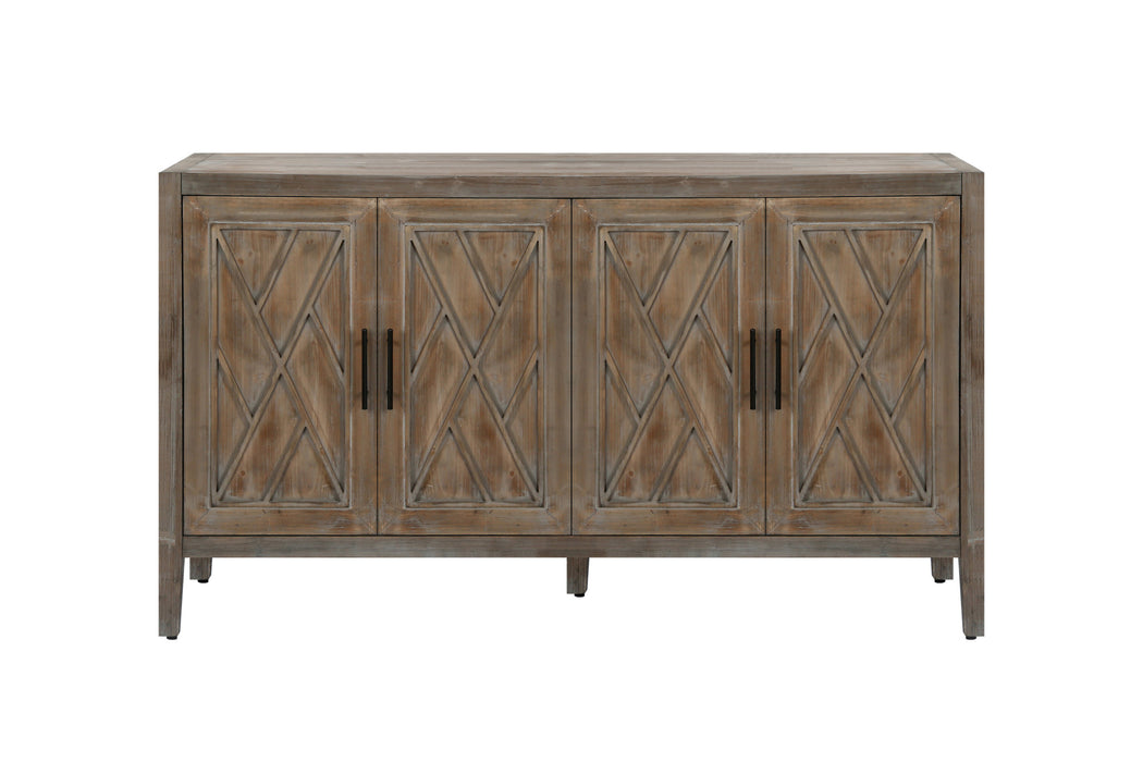 60" Natural and Brown Distressed Carved Geometric Sideboard with Four Doors