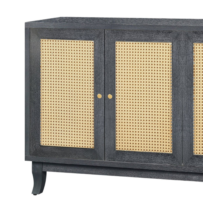 65" Charcoal and Natural Wood and Rattan Sideboard with Four Doors