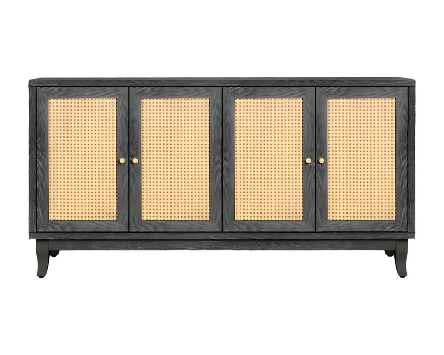 65" Charcoal and Natural Wood and Rattan Sideboard with Four Doors