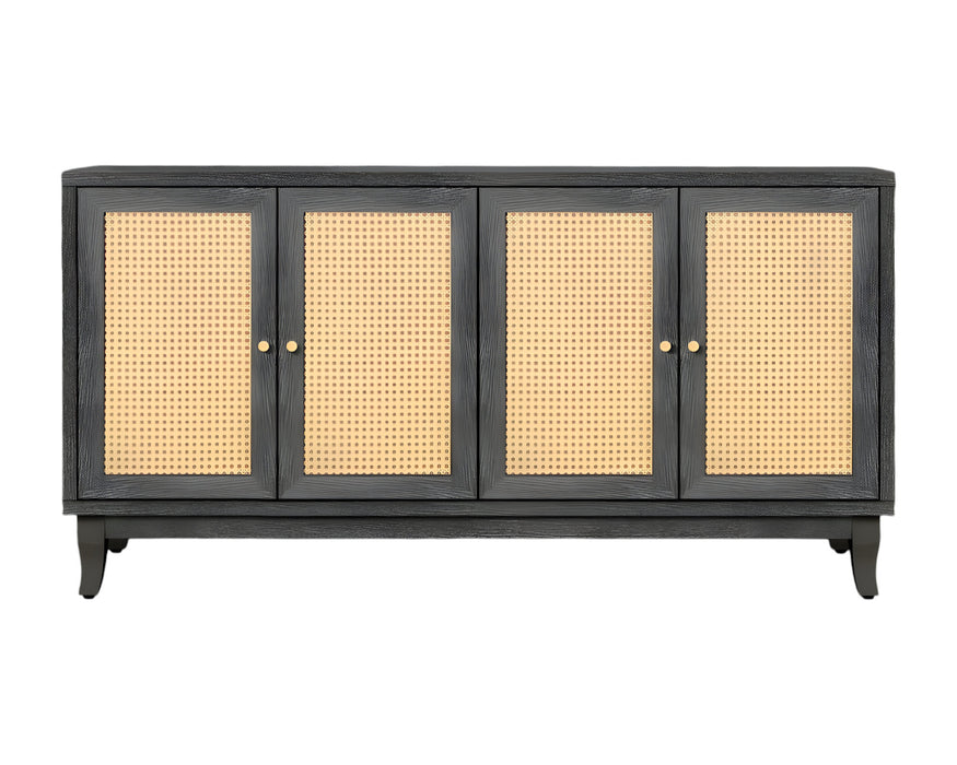 65" Charcoal and Natural Wood and Rattan Sideboard with Four Doors