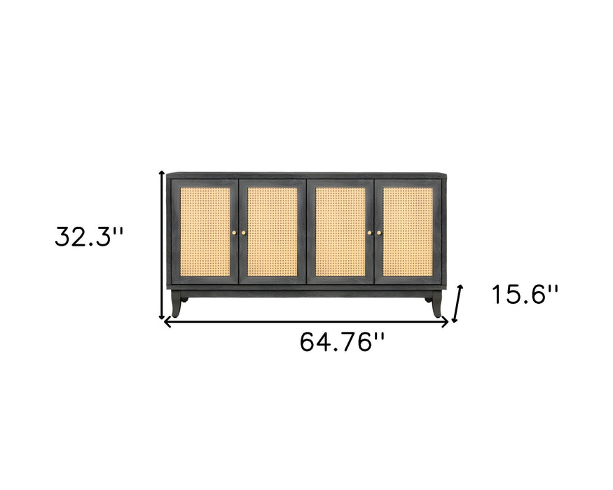 65" Charcoal and Natural Wood and Rattan Sideboard with Four Doors