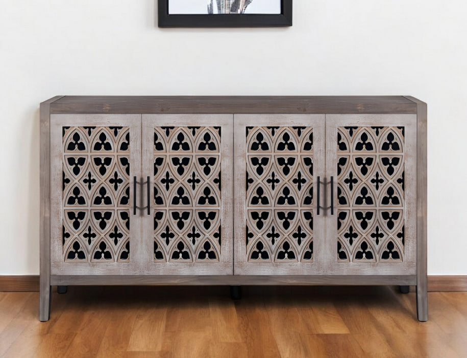 63" Brown Distressed Carved Scrollwork Sideboard with Four Doors