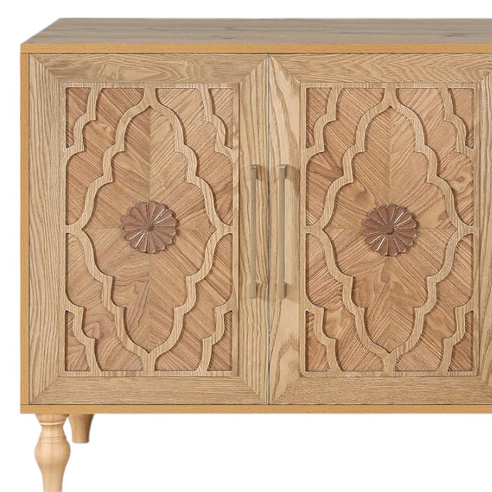 68" Natural Distressed Carved Geometric Sideboard with Four Doors