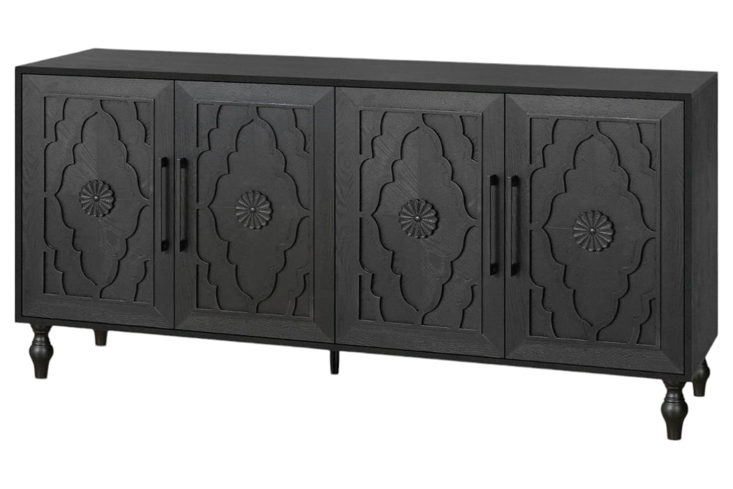 68" Black Distressed Carved Floral Sideboard with Four Doors