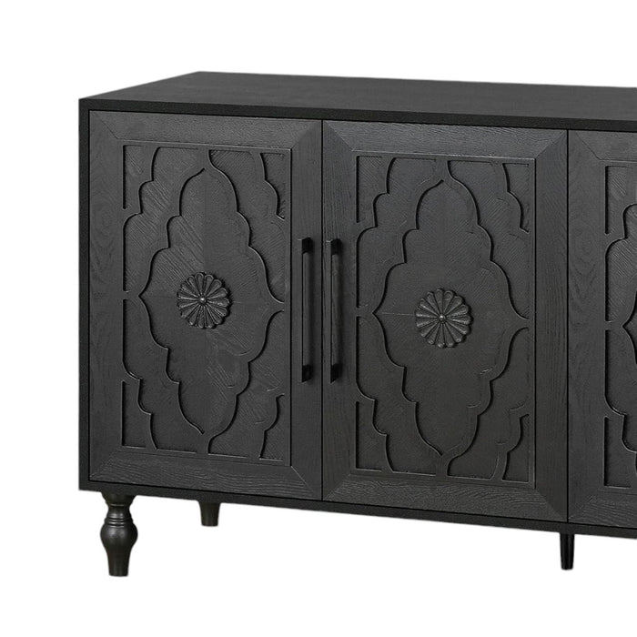 68" Black Distressed Carved Floral Sideboard with Four Doors