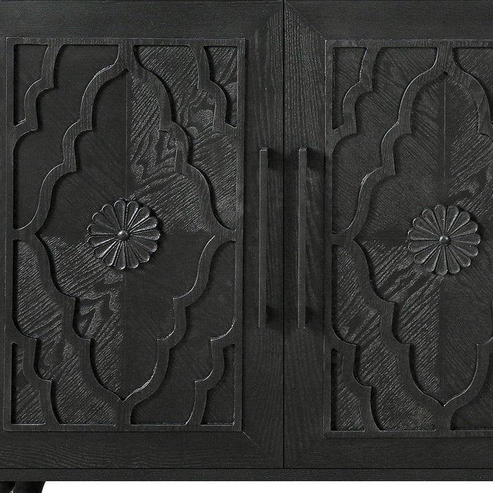 68" Black Distressed Carved Floral Sideboard with Four Doors