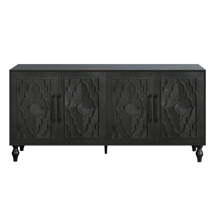 68" Black Distressed Carved Floral Sideboard with Four Doors