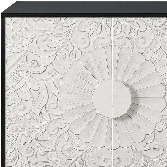 68" Black and White Distressed Carved Floral Sideboard with Four Doors