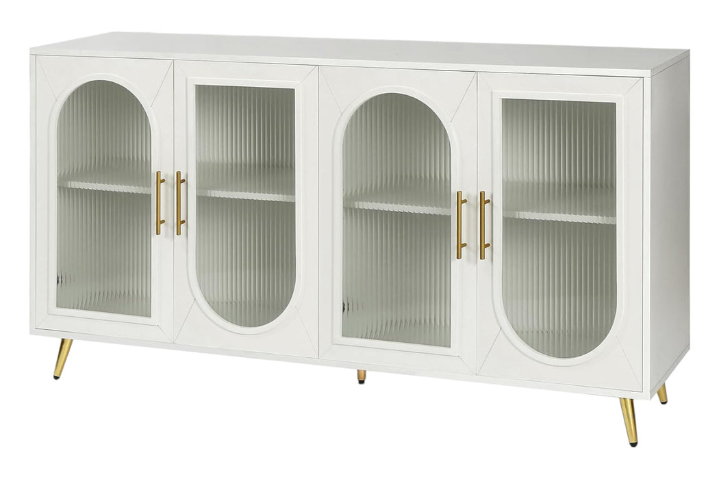 60" White Ribbed Texture Wood And Glass Sideboard with Four Doors